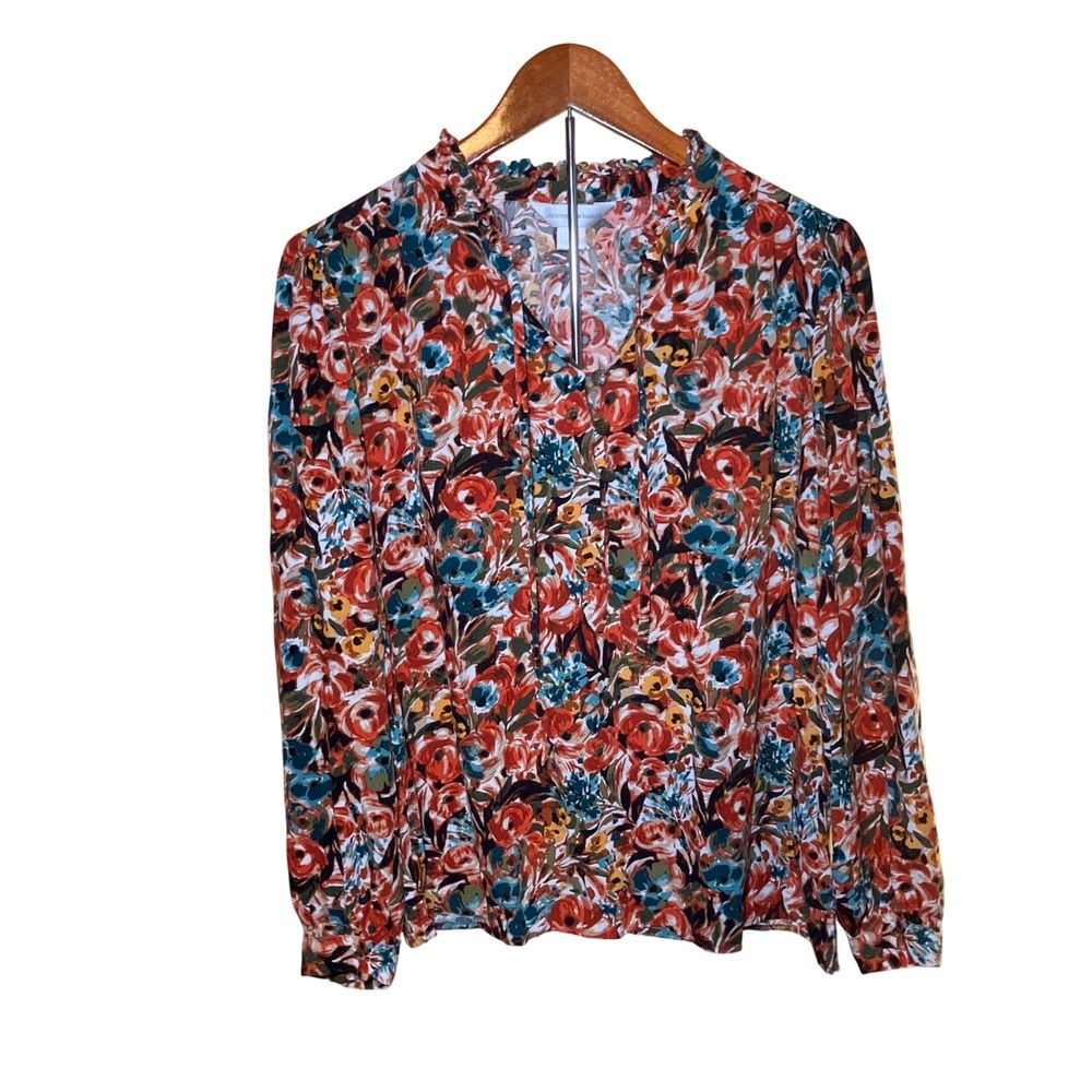 Christopher & Banks Blouse Women L Multicolor Floral Cottagecore Ruffle V-Neck